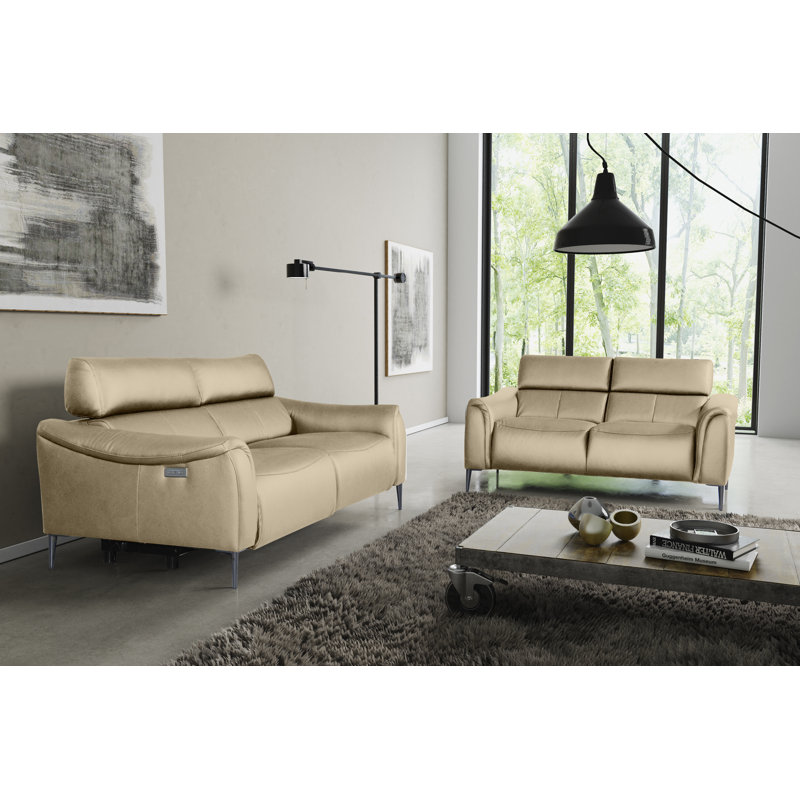 164 cm Genuine Leather Pillow Top Arm Reclining Sofa, Beige