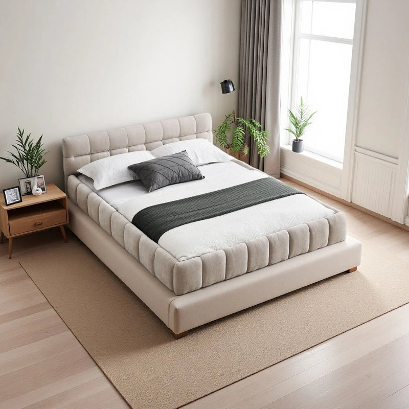 Queen Size Upholstered Bed Frame, Beige