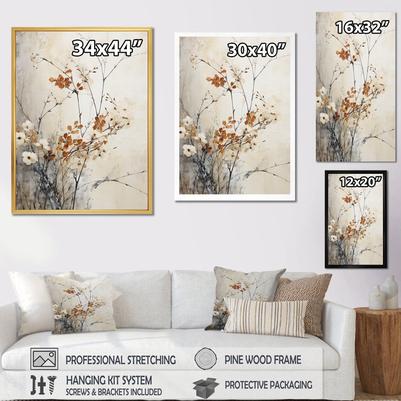 «Beige and Blue Herbs Minimal Harmony I», reproduction d'art sur toile, Cadre doré simple, H 40 po x l 30 po x P 1,5 po