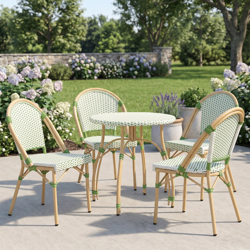 Altesa Modern Dining Set With Round Rattan Dining Table And Rattan Dining Chairs For Dining Room, Patio, Green