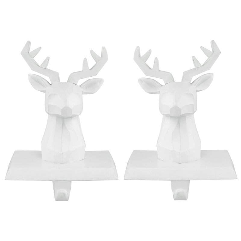 White Hand-Carved Reindeer Head Stocking Holders, Set of 2
