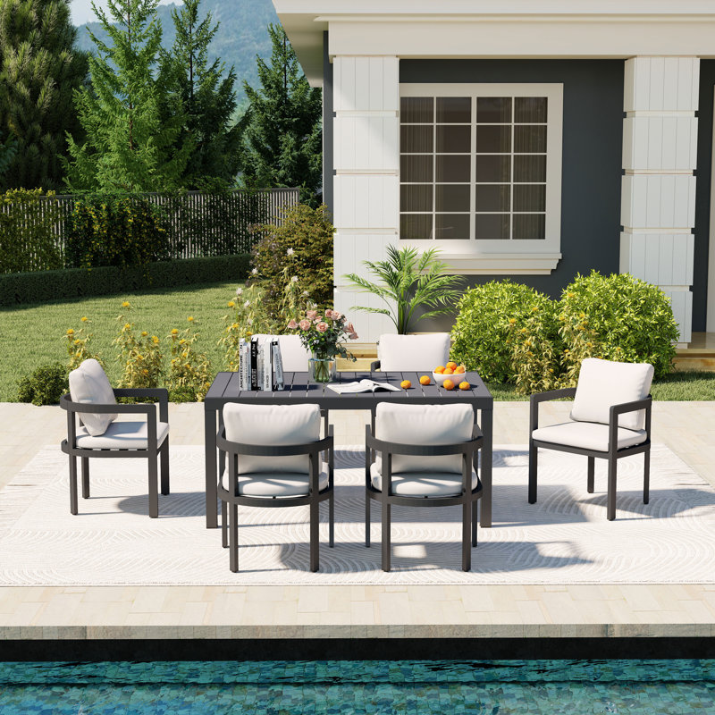 Ensemble repas d'extérieur pour 6 personnes avec table rectangulaire extensible, 6, Gris