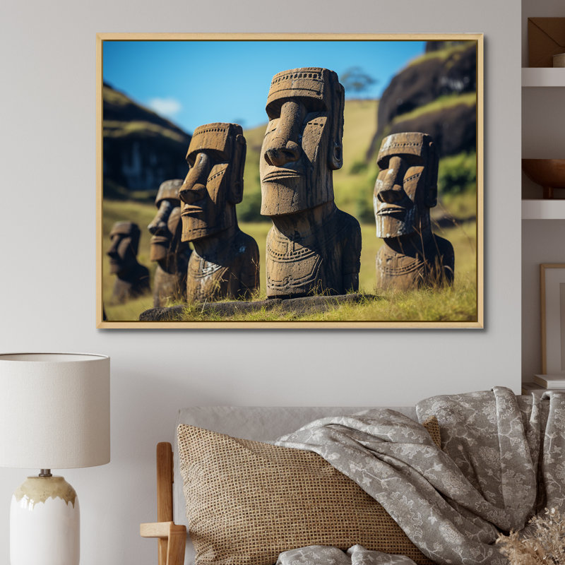Art moderne brun, Moai Marvel, art asiatique II, H 16 po x l 32 po x P 1 po, Cadre flottant brun