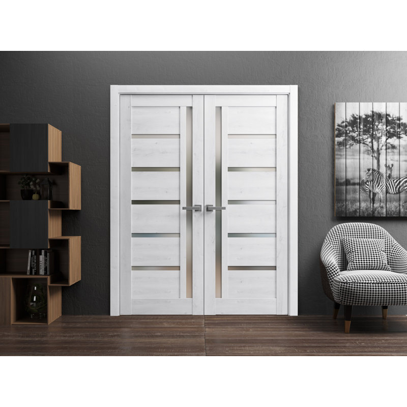 Portes doubles françaises massives en verre dépoli Quadro 4088 Blanc nordique, cadre en bois massif, moulures, portes robustes pour placard ou chambre à coucher, 84 po x 84 po (2 x 42 x 84 po)