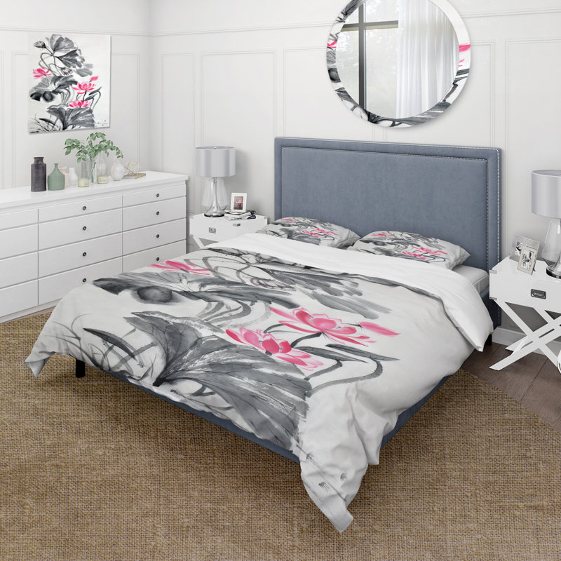Fleur de lotus rose rétro - ensemble de housse de couette traditionnel - microfibre de polyester