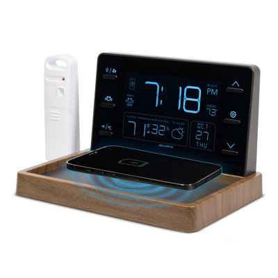 Valet météo AcuRite avec tapis de recharge sans fil certifié Qi, écran ACL à atténuation automatique, réveil-matin, prévision hypocalocale, mesures de la température et de l'humidité extérieures, lecture de la température intérieure (02047)