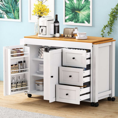 74.8'' Kitchen Island with Extendable Dining Table – Rolling Storage Cart with 3 Drawers, Power Outlet, Spice Rack & 2-Door Cabinet, White for Kitchen, Dining Room or Small Space