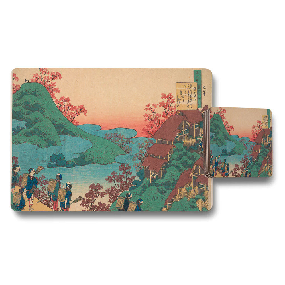 Japanese Ukiyoe Placemats And Coasters Set With Scenic Mountain Village Art