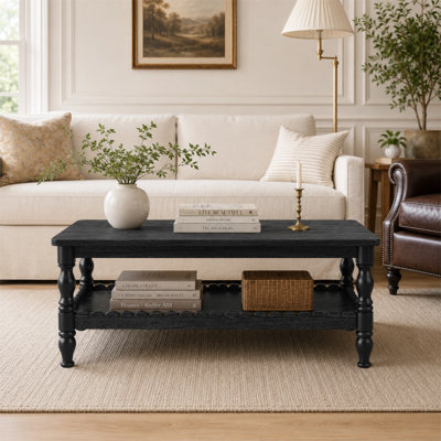Farmhouse Rectangle Coffee Table with Solid Wood Legs, 2-Tier Storage Shelf and Wave-Edge Design