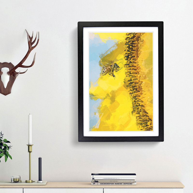 Busy Bee & Yellow Flower in Abstract - Picture Frame Painting Print, Black Framed, 36cm H x 27cm W x 2cm D
