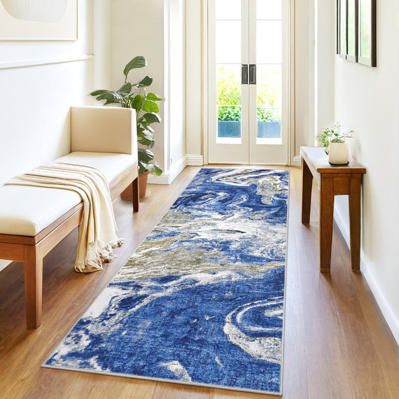 Tapis abstrait antidérapant et lavable à la machine Abstract, Bleu, Tapis de couloir 24 po x 72 po