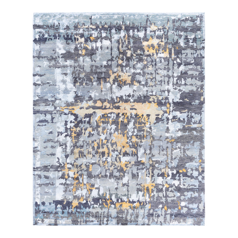 Gray Hand-Knotted Wool and Silk Rectangular Area Rug