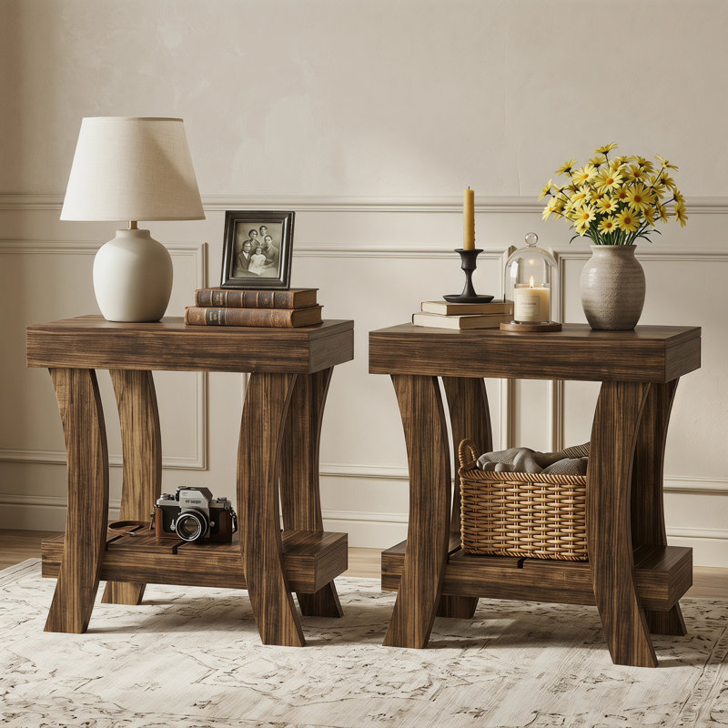 Table de bout étroite avec tablette de rangement, table d'appoint à 2 niveaux pour le salon, ensemble de 2, Dark Brown, 2