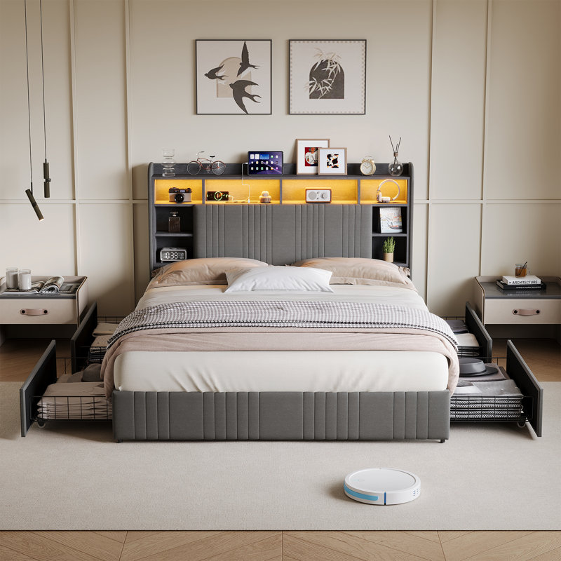 Upholstered Storage Bed, European Kingsize (160 x 200 cm), Grey