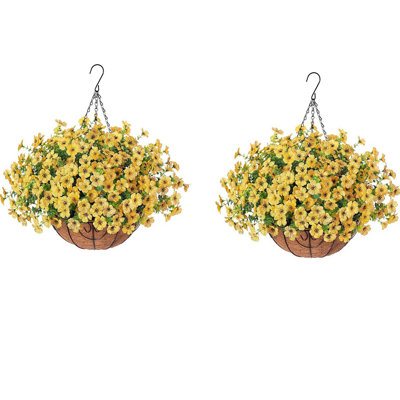 2 Pack Artificial Hanging Flowers Basket With Hanging Basket for Outdoors Fake Hanging Plants Spring Summer Decoration UV Resistant for Garden Front Porch Patio Balcony Decor