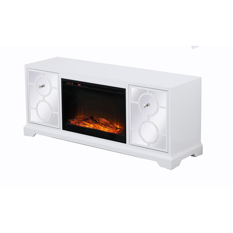 Meuble télé en bois massif pour téléviseur de 60 po ou moins avec foyer électrique inclus, Blanc