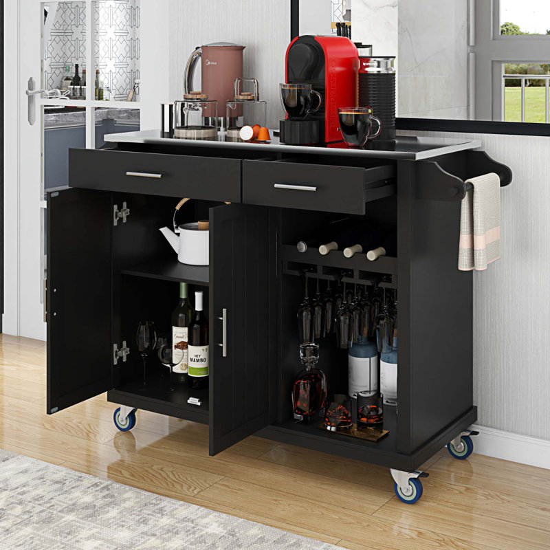 Îlot de cuisine avec plateau en acier inoxydable et cabine de rangement, Noir