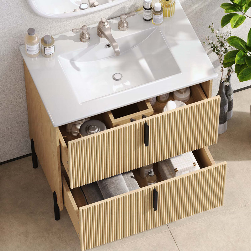 Meuble-lavabo 30 po avec lavabo en céramique, Naturel/noir