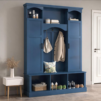 Portemanteau portatif tout-en-un pour hall d'entrée et vestibule, bleu foncé avec rangement réglable et 7 crochets de suspension