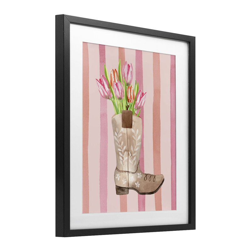 Tulipe Cowgirl sur rayures, reproduction encadrée sous verre, design par Nina Jacobs, Cadre noir minuit, H 16 po x l 13 po
