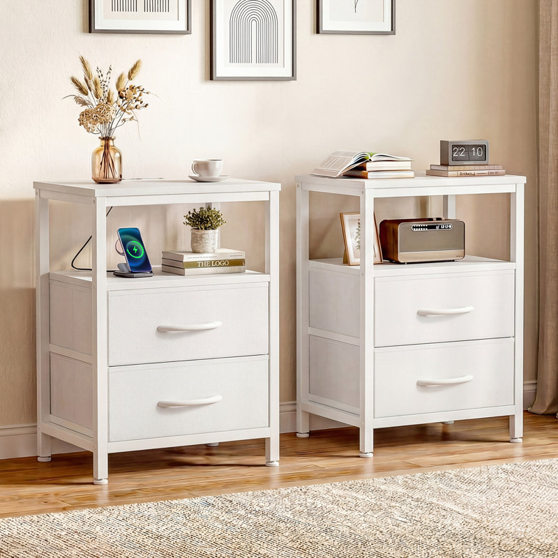 Table de chevet avec station de charge et 2 tiroirs en tissu, table de chevet avec ports et prises USB, table de bout avec tablette ouverte