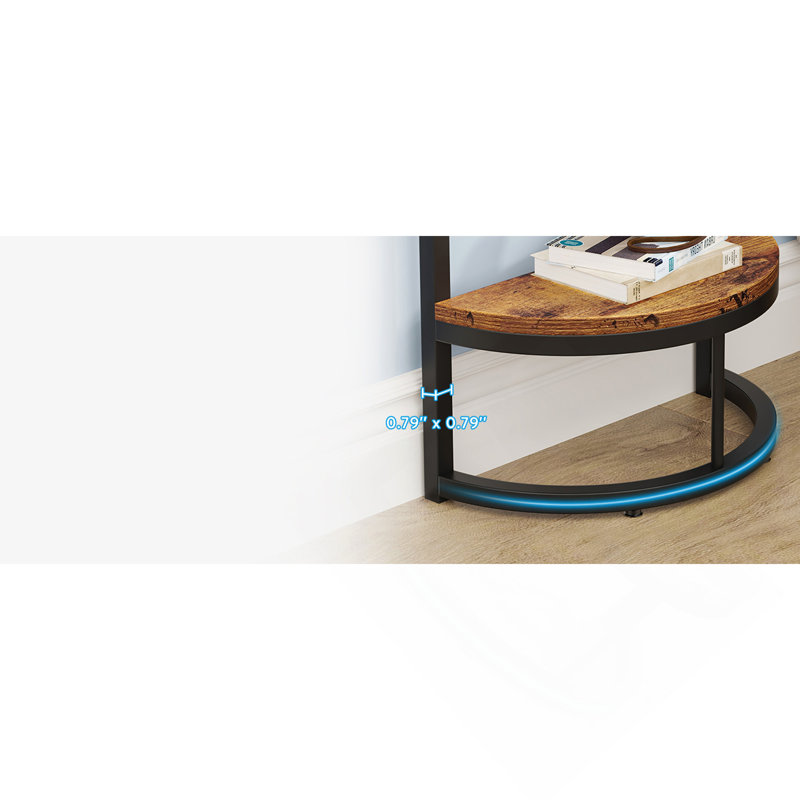 Table de bout demi-lune 2 niveaux Slim, table d'appoint en bois brun rustique 19,69 po avec tablette de rangement pour petits espaces, salon, chambre à coucher, assemblage facile