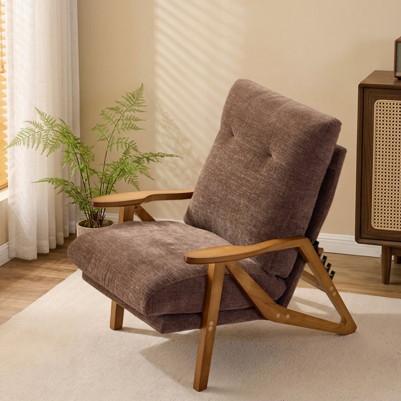Fauteuil d'appoint en chenille avec dossier réglable à 5 positions, accoudoirs en bois d'hévéa, fauteuil de loisir d'intérieur
