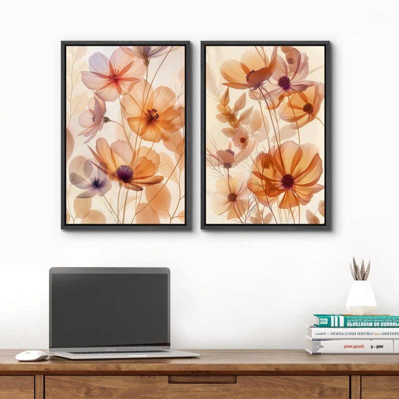 Transparent Orange Floral Botanical Illustrations Minimalist Modern Artwork, Black, 36" H x 24" W