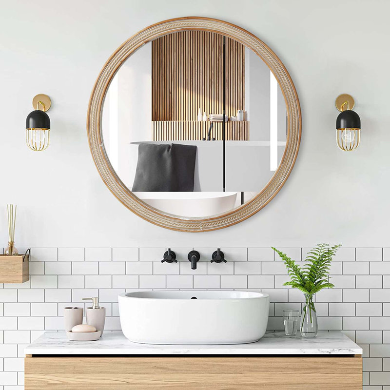 Miroir mural rond rond avec cadre en rotin tissé, décor rustique moderne pour la salle de bain et le salon