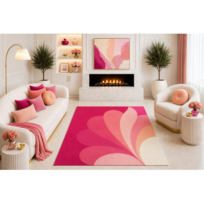 Tapis à pétales abstraits roses de 5 pi x 7 pi «Ultra Léger», conception florale rétro moderne pour le salon, la salle à manger, le envers en silicone antidérapant