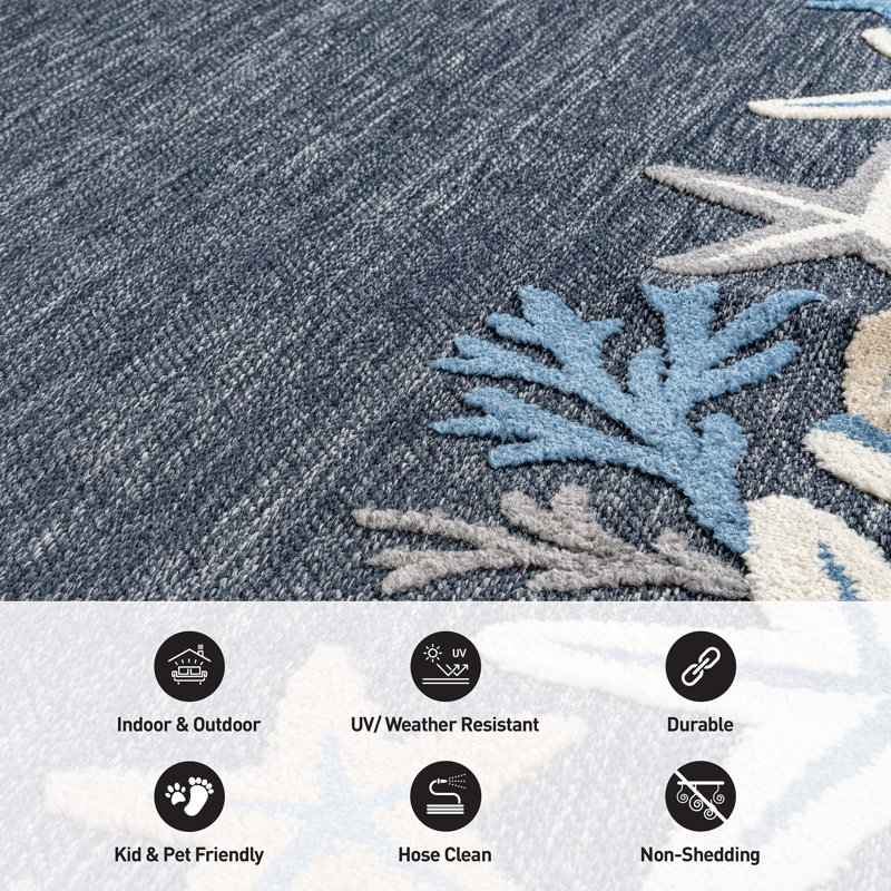 Coastal Border Navy/Ivory Indoor/Outdoor High-Low Area Rug, Navy, Rectangle 5' x 7'