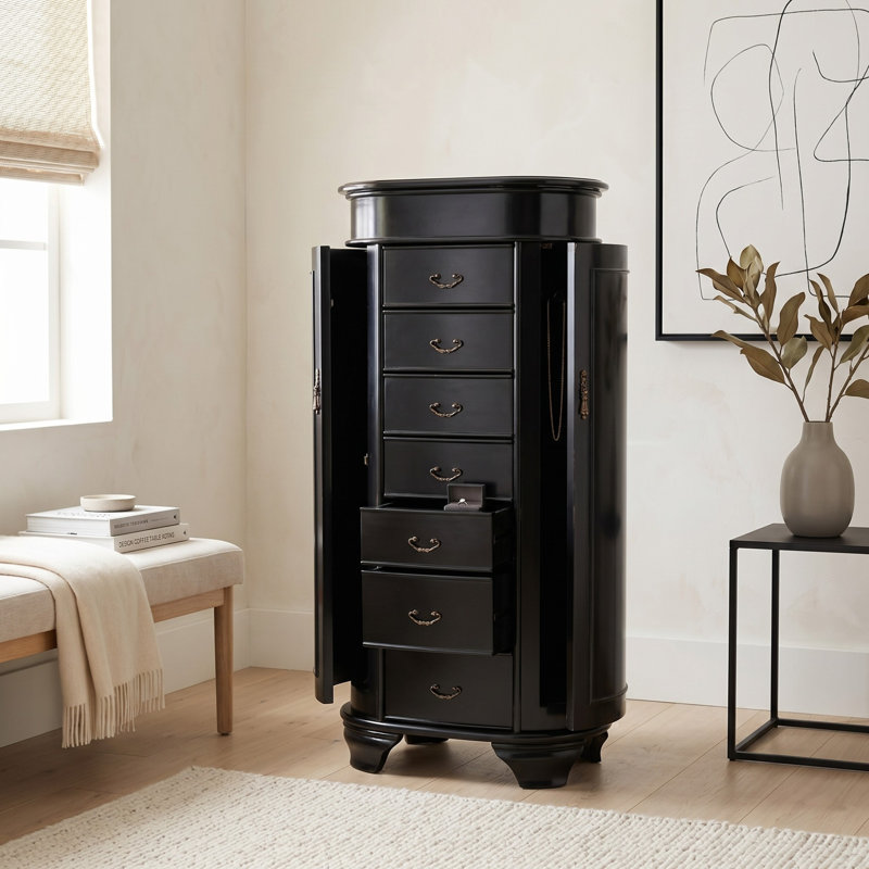 Armoire à bijoux autoportante ovale avec miroir Highfill, Noir