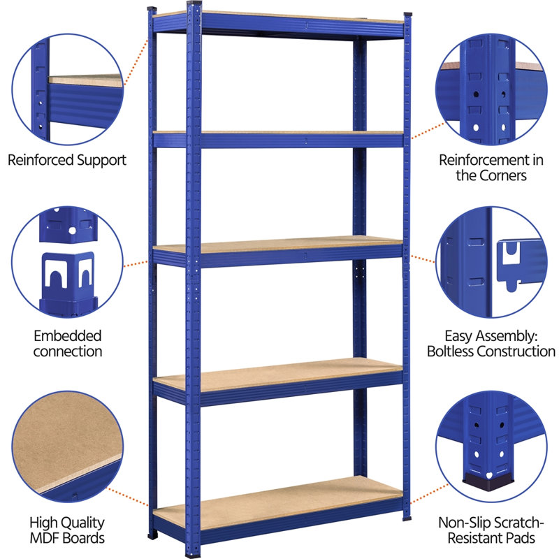 Blue 5-Tier Adjustable Metal and MDF Storage Shelving Unit