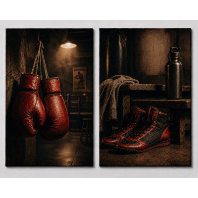 Très grand ensemble de 2 gants de boxe, impression murale sur toile de gymnastique rétro, motif de remise en forme pour la salle de gym à domicile, impression sur toile 24 x 36 pouces