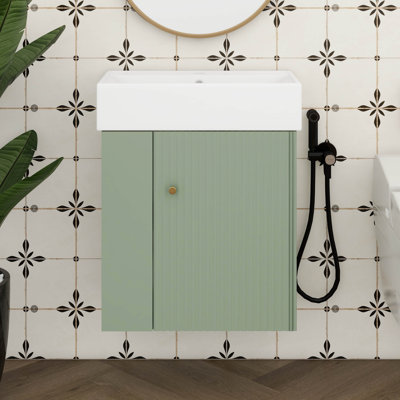 Meuble-lavabo flottant de 21,6 po avec lavabo, meuble-lavabo mural avec lavabo en céramique, rangement à gauche