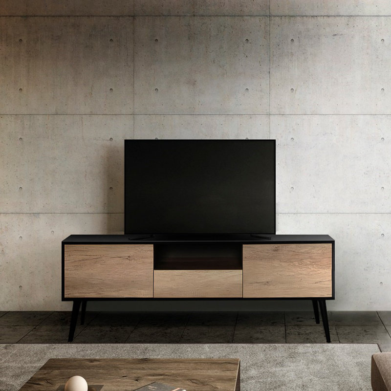 Modern TV Stand with Wall-Mounting Capability, Black & Taupe, 63.0 x 22.8 x 16.1 inches | Coated Particle Board, Thickness: 0.6 inches | Multiple Shelves & Additional Storage for Stylish Living Rooms
