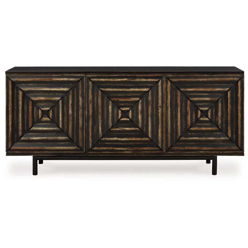 Console de buffet, 72 pouces, incrustation géométrique 3 bois, noir