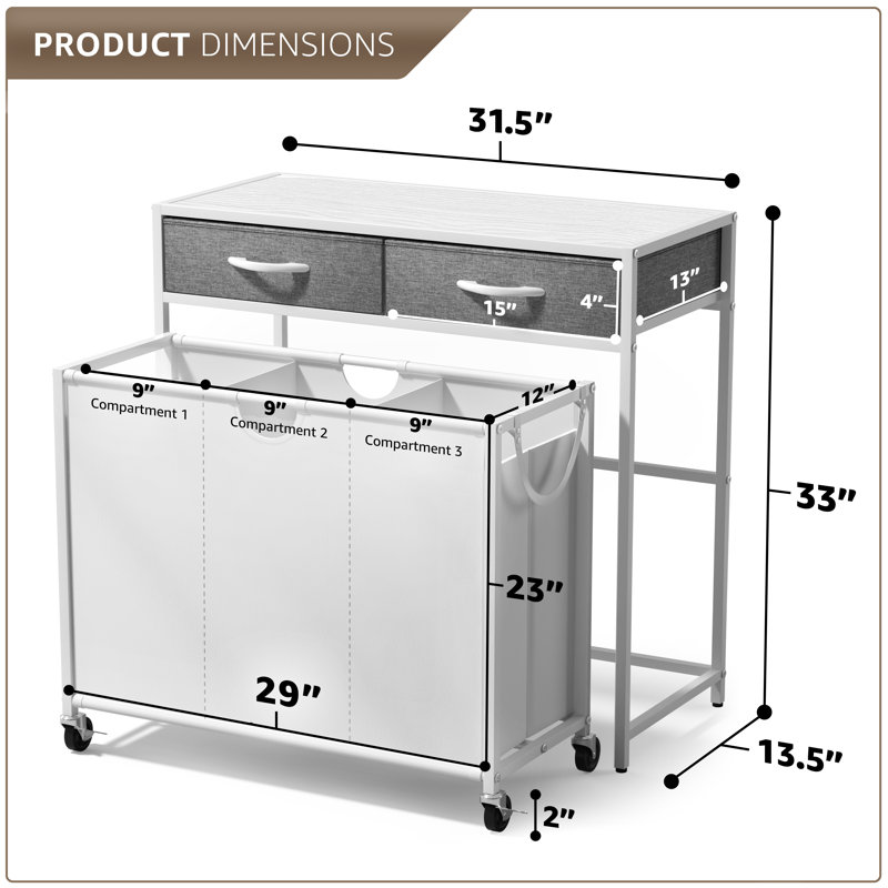 Sorbus Dresser with 3 Section Laundry Hamper Pull-Out with Wheels and 2 Drawers Laundry Room Organization, White/Gray