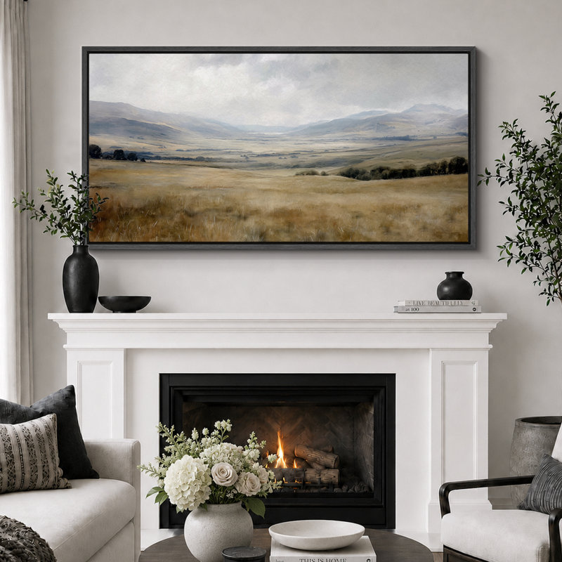 «Rustic Green Tan Prairie Field», vaste paysage mural, estampe numérique sur toile, art numérique encadré très grand