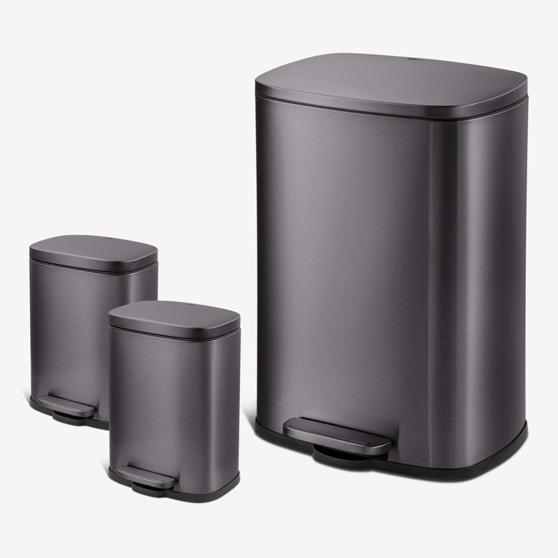 Qualiazero 13.2 Gallon and Two 1.3 Gallon Stainless Steel Rectangular Pedal Trash Can Set, Noir