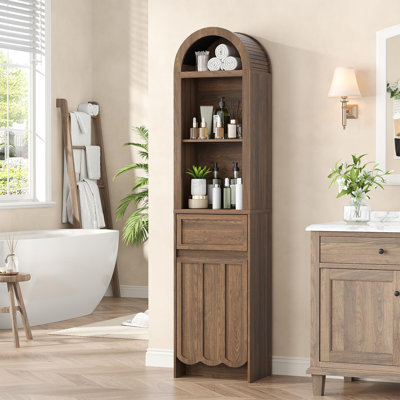 Armoire de rangement haute avec plateau cannelé arqué, armoire de rangement haute de 67 po avec 2 tiroirs ouverts et tablettes réglables