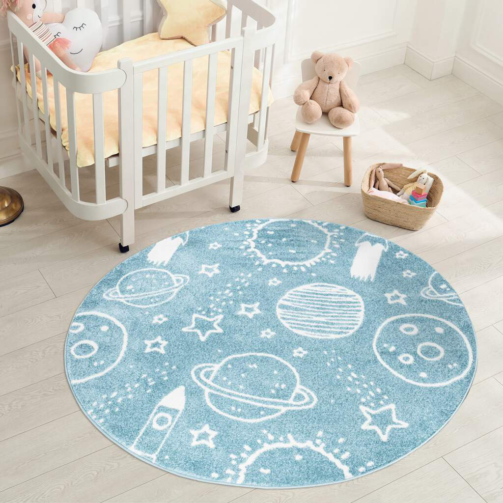 Kinderteppich Anime 912 Blau Weltall Planet Rakete Kinderzimmer Kurzflor Fredette