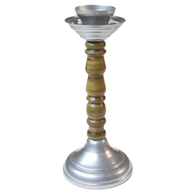 Porte-bougie traditionnel fait à la main de couleur argent en fer et bois 8,26 x 3,5 x 3,5 pouces 08AB2020