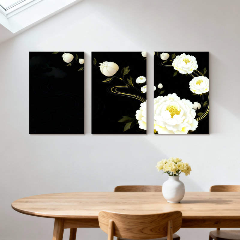 Pivoine fleurs blanches sur fond noir avec accents dorés, ensemble de 3 impressions sur toile, H 18 po x l 36 po