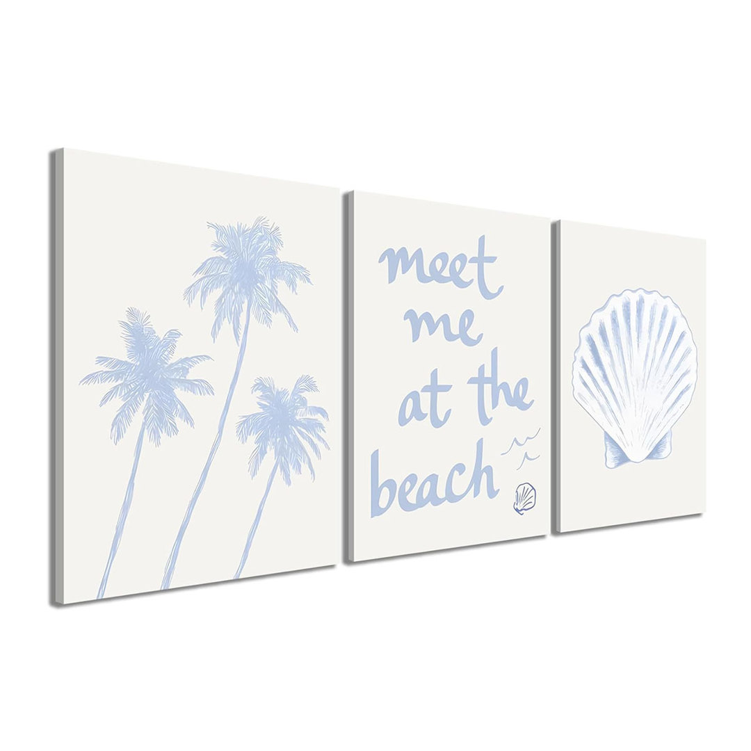 Framed Coastal Granddaughter Wall Art Set Of 3, Blue Shell Palm Tree Wall Decor Print Poster, Meet Me At The Beach Room Aesthetics Canvas Painting For