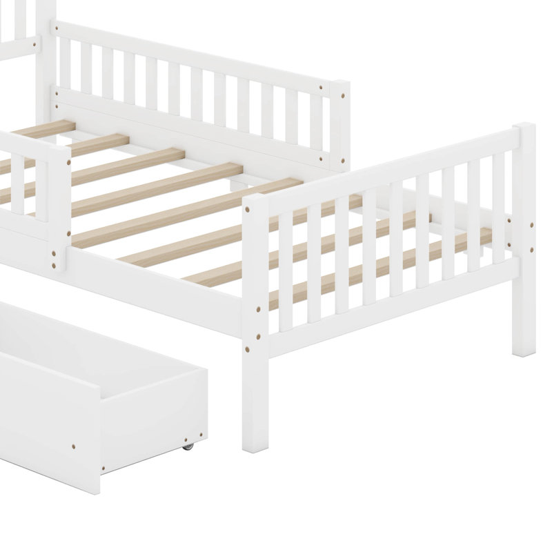 Twin Size Wood Platform Bed with Guardrails On Both Sides And Two Drawers, White