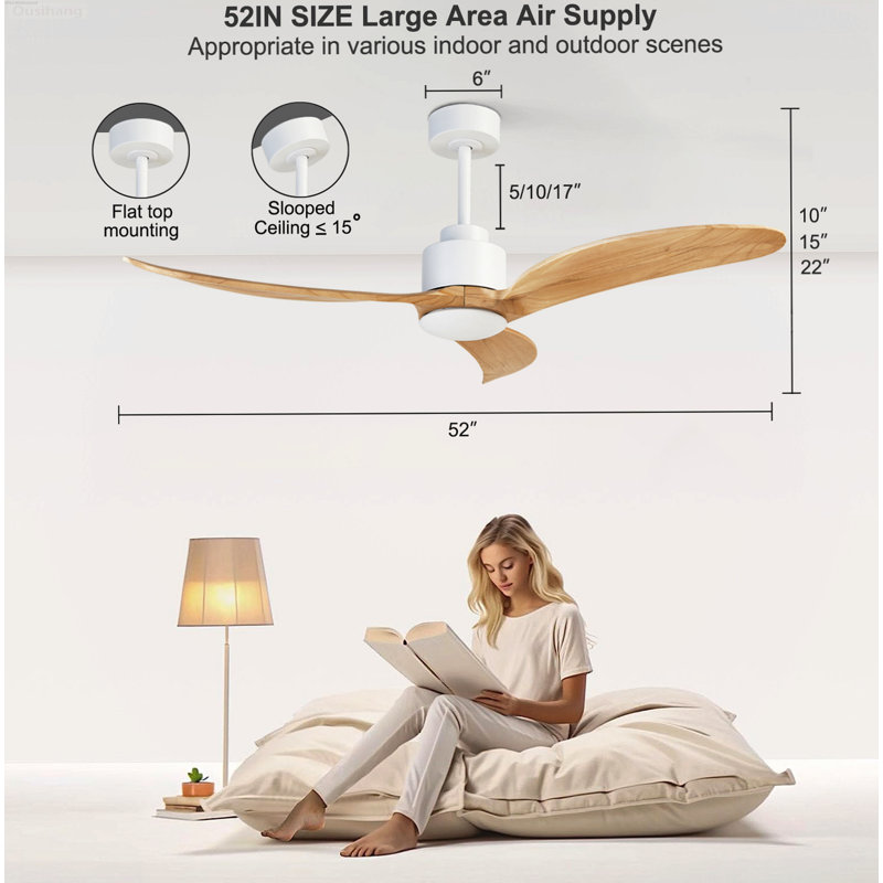 Ventilateur de plafond réversible à 6 vitesses avec moteur à courant continu inspiré de l'hélice, sans lumière, blanc, White
