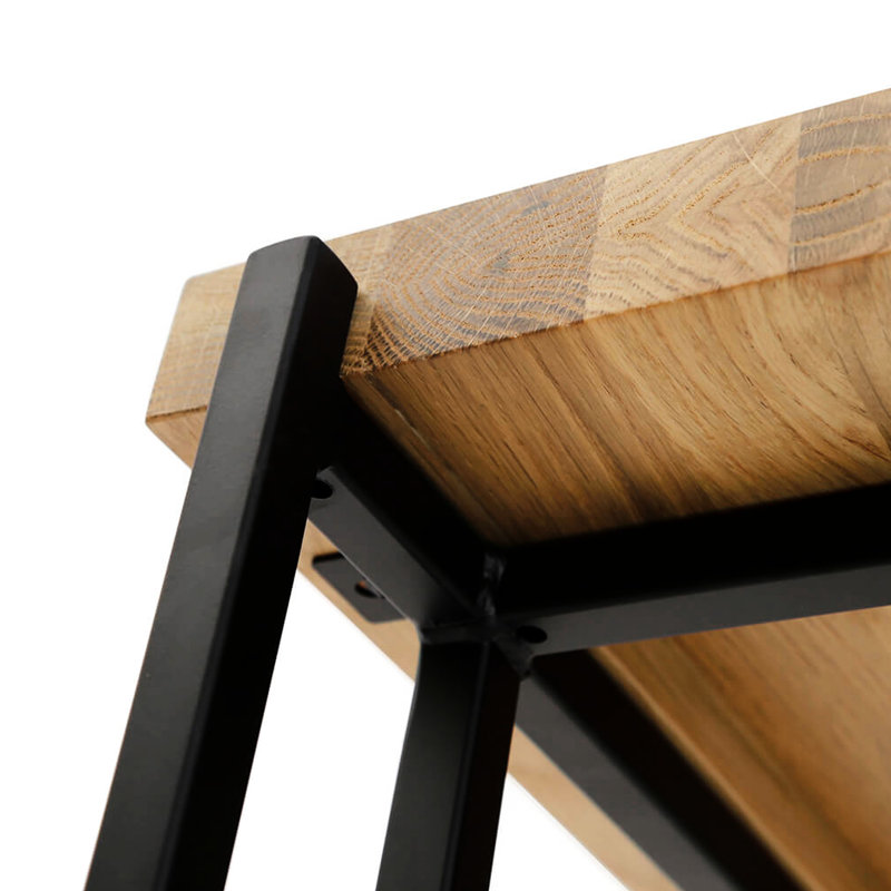 Small Oak Wood Side Table With Design, Solid Top Soap Finish, Black Metal Frame, Ideal For Snacks, Drinks And Makeshift Workspace, 16.88 In Depth, Width, 23.57 Height, 10.92 Lb Weight Handy Clever