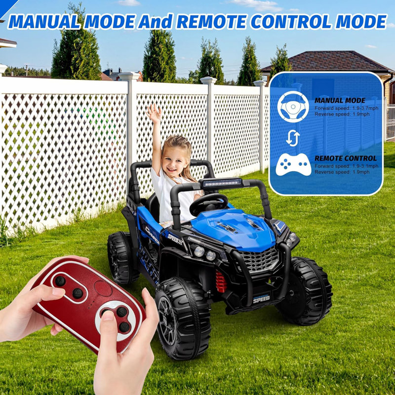 12V Ride On Car for Big Kids, Electric Off-Road Vehicle with Remote Control, 4-Wheel Suspension, LED Lights & Bluetooth for 37Months-96Months, Blue
