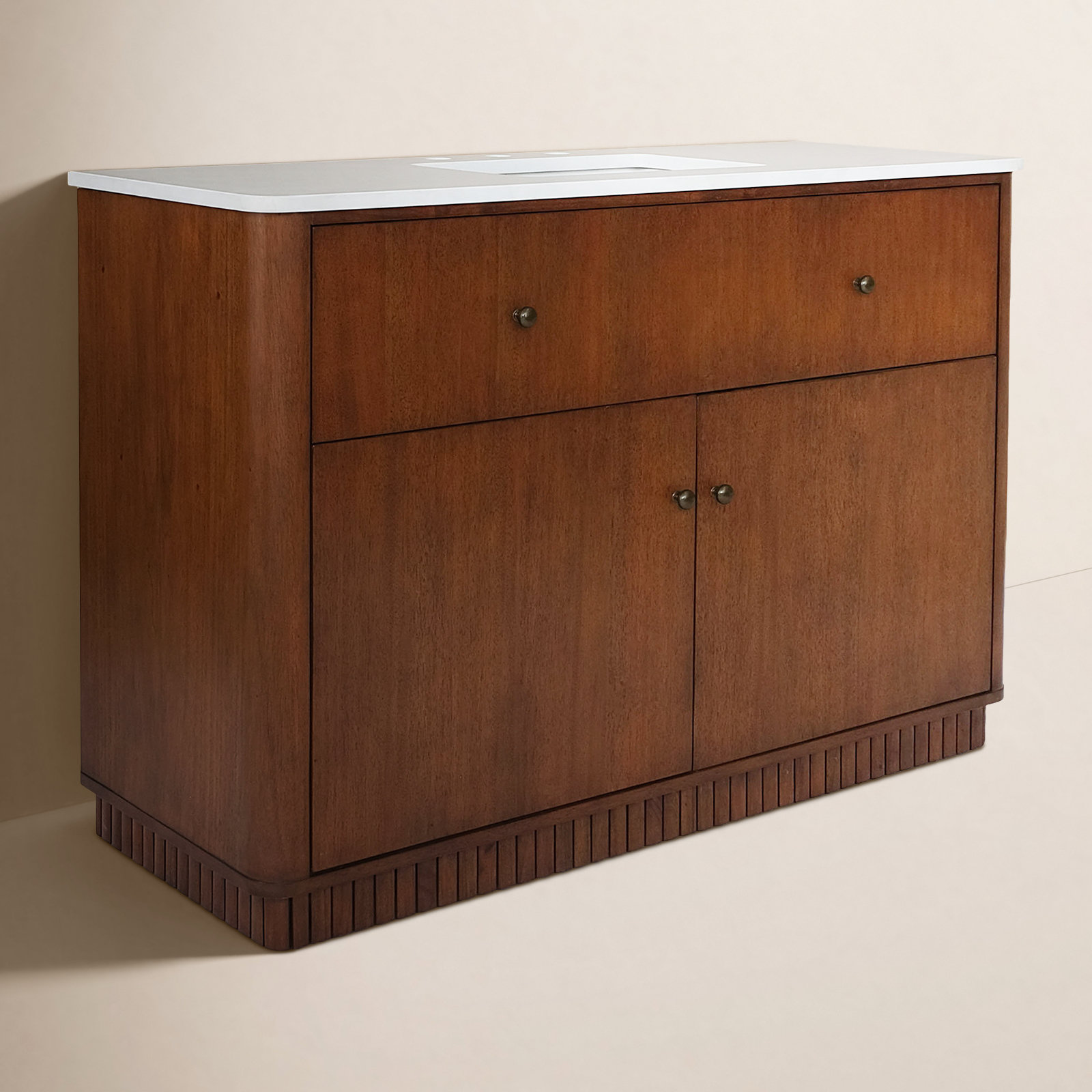 Duncan Oak Carved Plinth Bathroom Vanity with Quartz Top, 48"